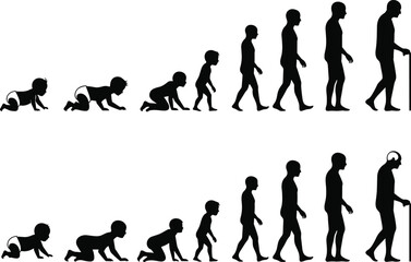 Human life stages silhouette, aging process, childhood to elderly, development timeline, black outline, growth concept, vector illustration