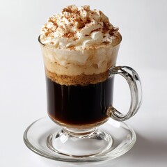 A delicious coffee drink topped with whipped cream and sprinkled with cocoa, served in a clear glass with a handle.