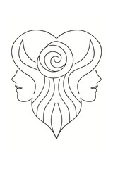 Single line drawing line art two female faces forming a heart shape with a swirl