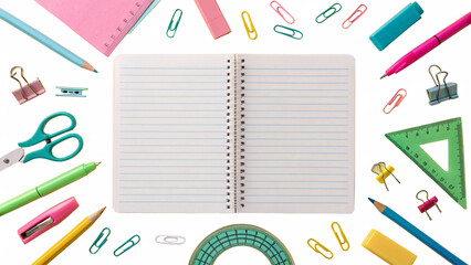 Back to school supplies notebook pen pencil ruler scissors paper clips study education stationery concept