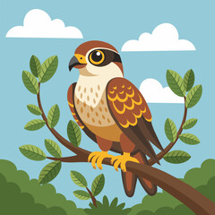 Cute falcon bird sitting on a branch in the forest. Flat style illustration.