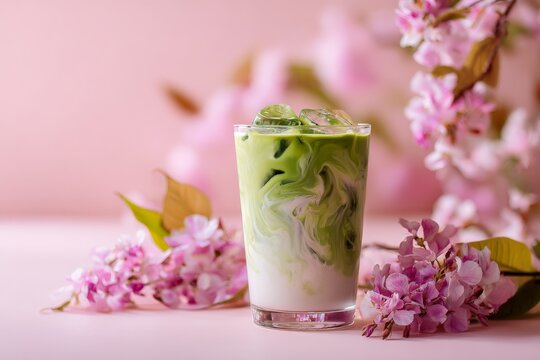 A glass of iced matcha latte with milk, surrounded by cherry blossoms on a soft pink background.