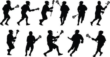 Lacrosse player silhouette, running, catching, passing ball, vector sports illustration, athlete action pose, team game graphic, black design art