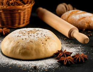 Dough lying on a black table ready to be baked into bread, with ingredients and wooden baking utensils lying around.