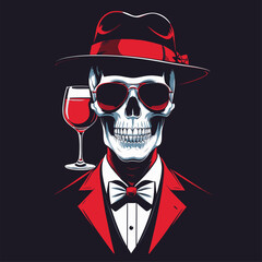 Vector illustration of a skull wearing a suit and hat carrying a glass of wine