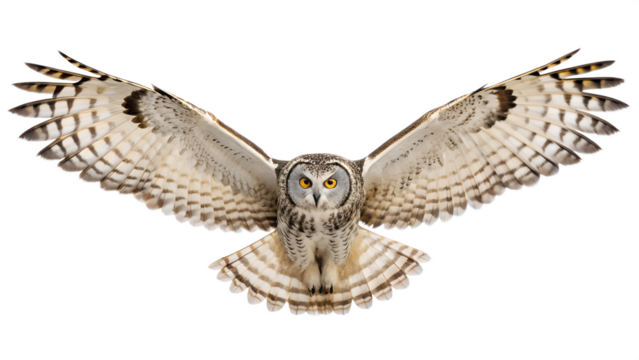 Owl in Flight Facing Forward Isolated on Transparent Background