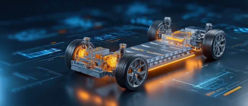 A futuristic electric vehicle chassis with visible components and glowing elements, set against a digital backdrop.