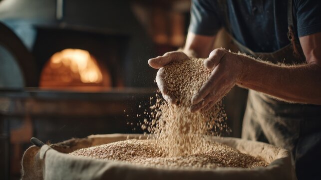 Focused medium shot of hands gently pouring spelt grains into a vintage flour mill set beside a softly outoffocus pizza oven emphasizing artisanal hyperlocal grain processing.