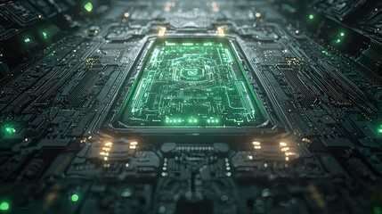 Intricate circuit board with glowing green chip