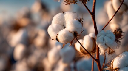 A close-up of fluffy cotton blooms on a plant, illuminated by soft light, showcasing the natural beauty and texture of cotton.