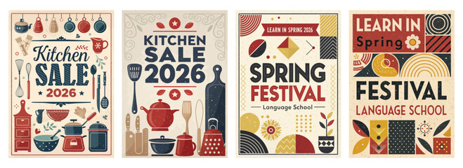 Colorful posters promoting kitchen sales and spring festivals for a language school in 2026.