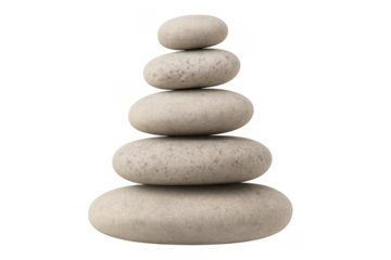 Stack of balancing white pebbles on transparent background representing harmony and mindfulness