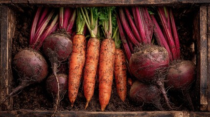 Bright orange carrots and deep purple beets are freshly harvested and arranged in a rustic wooden crate, showcasing their earthy textures and vibrant colors, typical of autumn harvest season