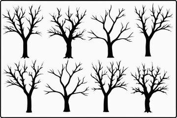 Collection of eight black silhouette bare trees on a white background