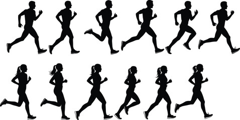 Running silhouettes, male and female, athletic motion, stride variation, biomechanics reference, black outline, sports pose, fitness vector