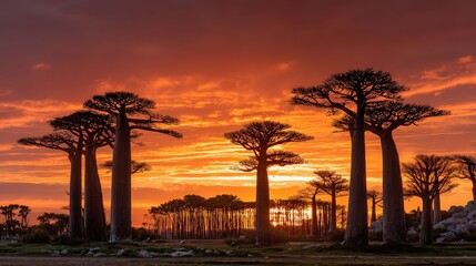 A stunning sunset silhouette of baobab trees against a vibrant orange and purple sky, showcasing nature's beauty and tranquility.