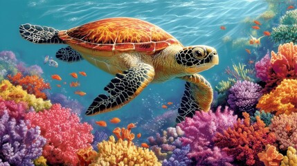 Obraz premium A vibrant underwater scene featuring a turtle swimming among colorful corals and tropical fish.