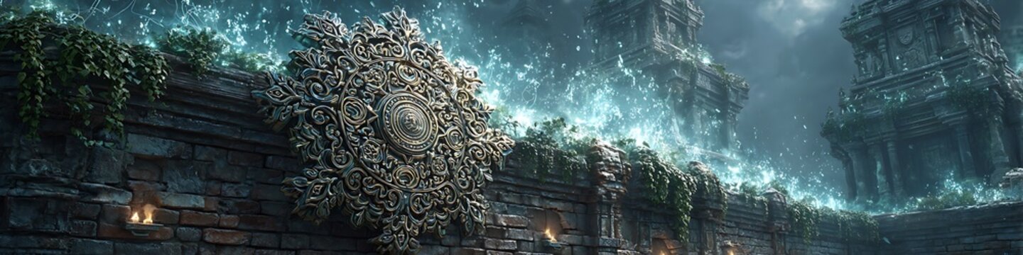 Mystical AI glyphs glowing on dark ancient brick walls under moonlight