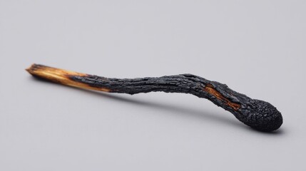 A matchstick is displayed on a plain surface, showcasing its charred and burnt appearance. The stick is primarily black with hints of brown, revealing the impact of heat