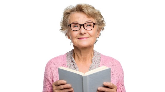 An elderly woman wearing glasses, smiling and reading a book