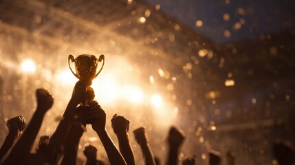 Spectators cheer with raised fists, celebrating a significant victory. A trophy glimmers amidst bright lights at a sports venue during the evening, creating an electrifying atmosphere