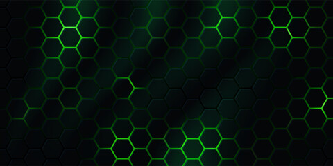 Dark hexagonal technology vector abstract background. Green bright energy flashes under hexagon in futuristic illustration modern technology background. Dark honeycomb texture grid.