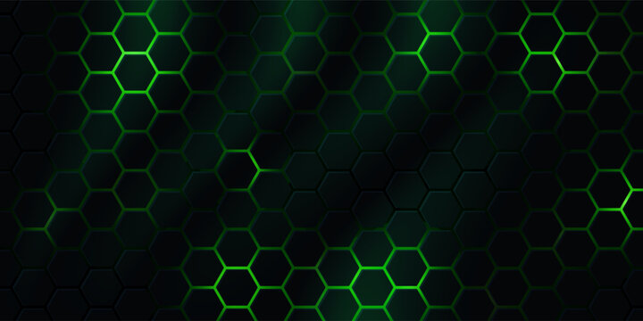 Dark hexagonal technology vector abstract background. Green bright energy flashes under hexagon in futuristic illustration modern technology background. Dark honeycomb texture grid.