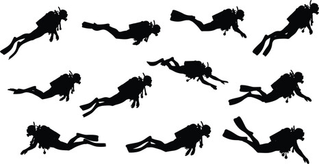 Scuba diver silhouette set, underwater swimming vector, diving posture icons, gear and fins graphic, black design, aquatic motion