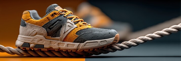 These stylish sneakers rest on a thick rope against a vibrant background featuring contrasting colors and textures