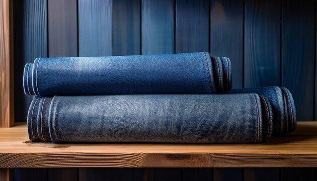 rolls of selvedge denim fabric on a wooden shelf
