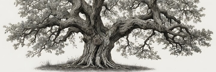 Ancient Gnarled Tree with Thick Branches and Textured Bark in Black and White