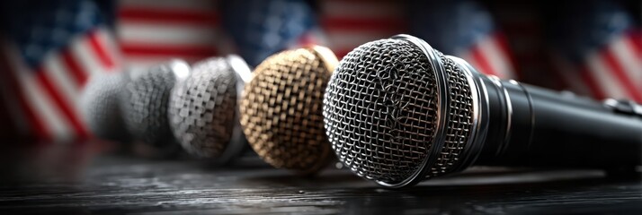 Variety of microphones arranged on a wooden surface with American flags in the background during a music event