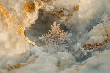 A delicate snowflake rests within a crystalline ice cave, showcasing winter's beauty.