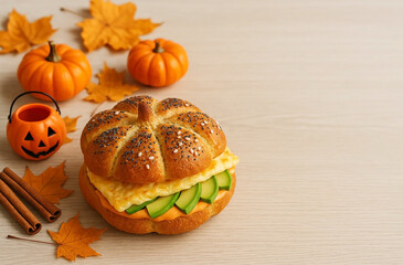 Delicious pumpkin-shaped hamburger with cutlet and slices of fresh tomato, on a decorative plate, on a light background with orange pumpkins, festive food for Halloween