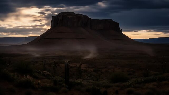 Dramatic mesa in the arid desert at sunrise