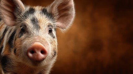Cute piglet with unique markings posing for a close-up in warm indoor lighting at a farm setting