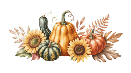 A watercolor illustration of pumpkins sunflowers and autumn foliage decor