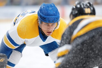 intense ice hockey face-off between opposing players in blue and yellow uniforms