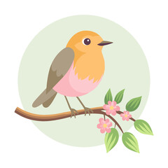 Cute robin bird sits on a tree branch with flowers. Flat style illustration.