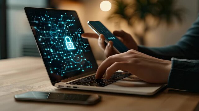 Hands are shown engaging with a laptop and smartphone, showcasing the importance of digital security in online interactions - Powered by Adobe