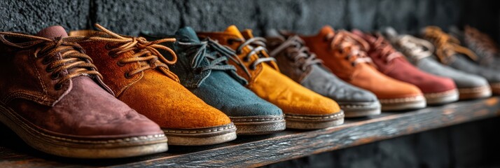 Variety of stylish suede shoes displayed on a wooden shelf in a trendy boutique