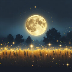 A glowing full moon hangs over a field of tall grass with fireflies and a dark forest in the background.
