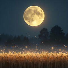 Fototapeta premium A glowing full moon hangs over a field of tall grass with fireflies and a dark forest in the background.