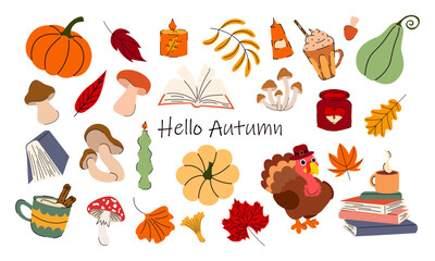 Autumn set. Fall clipart. Autumn leaves, pumpkins, mushrooms, hot drinks, books, candles, turkey