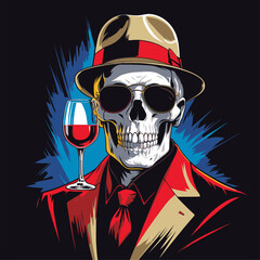 Vector illustration of a skull wearing a suit and hat carrying a glass of wine