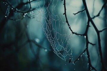 A dew-laden spiderweb hangs delicately from a dark, bare branch in a misty, serene forest scene.