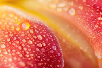 Close-up of dew drops on vibrant red and yellow flower petals, showcasing intricate details.