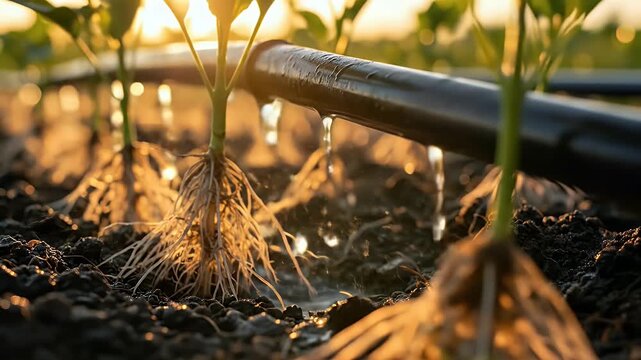 Drip irrigation waters young plants in golden sunlight