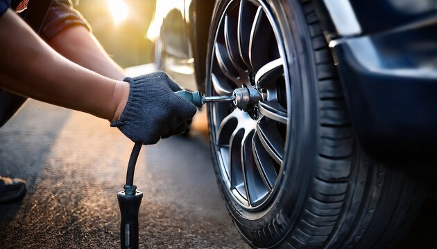 close up of a hand plugging a hole in a car tire tread using a repair tool