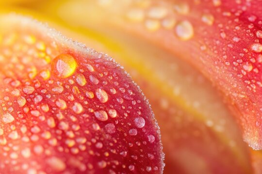 Close-up of dew drops on vibrant red and yellow flower petals, showcasing intricate details.